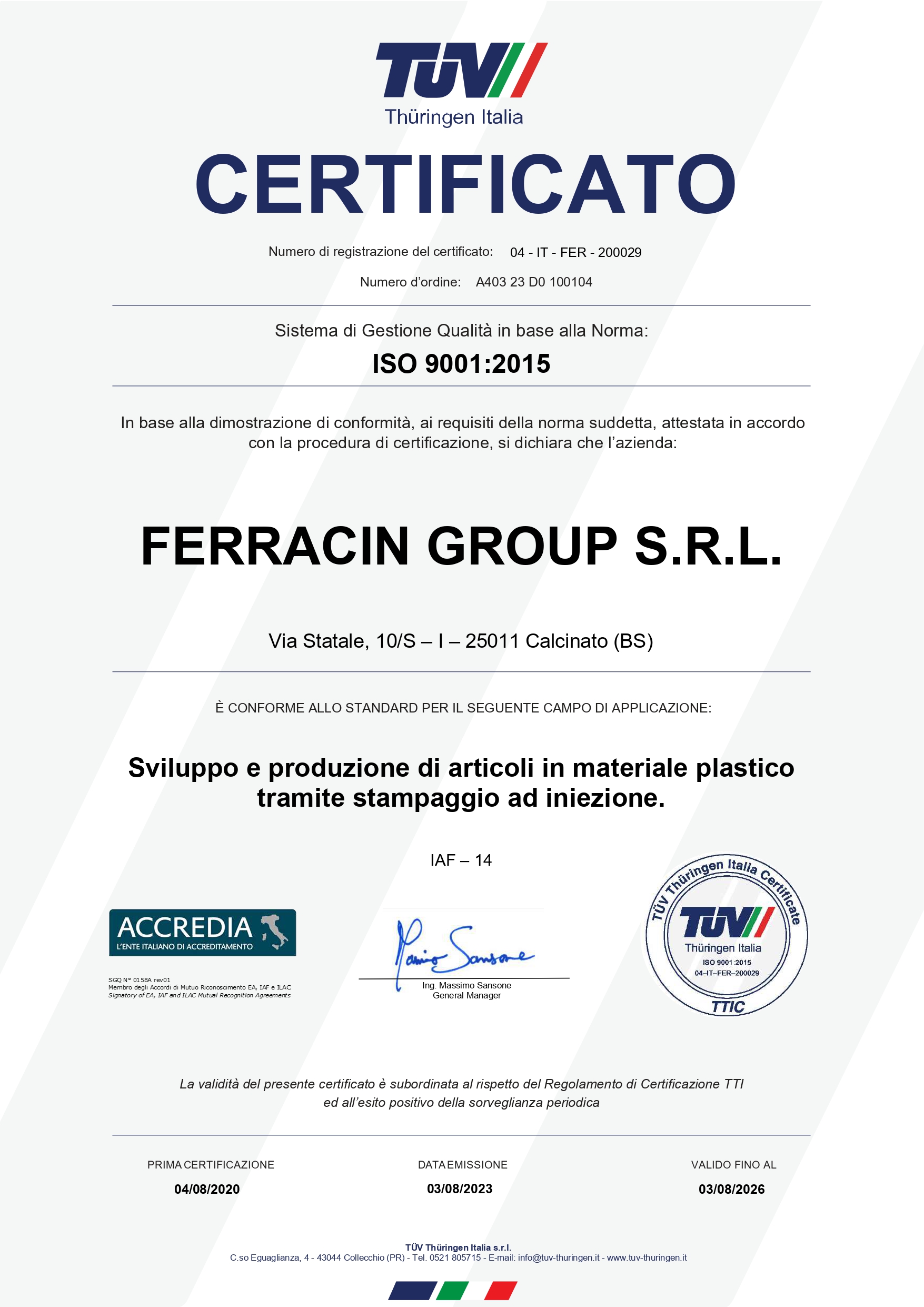 certificazione iso 9001 Ferracin Group