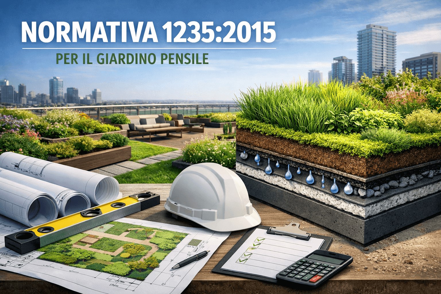 Progetto di giardino pensile su terrazza urbana con sezione tecnica degli strati, strumenti di progettazione e riferimento alla normativa UNI 11235:2015.