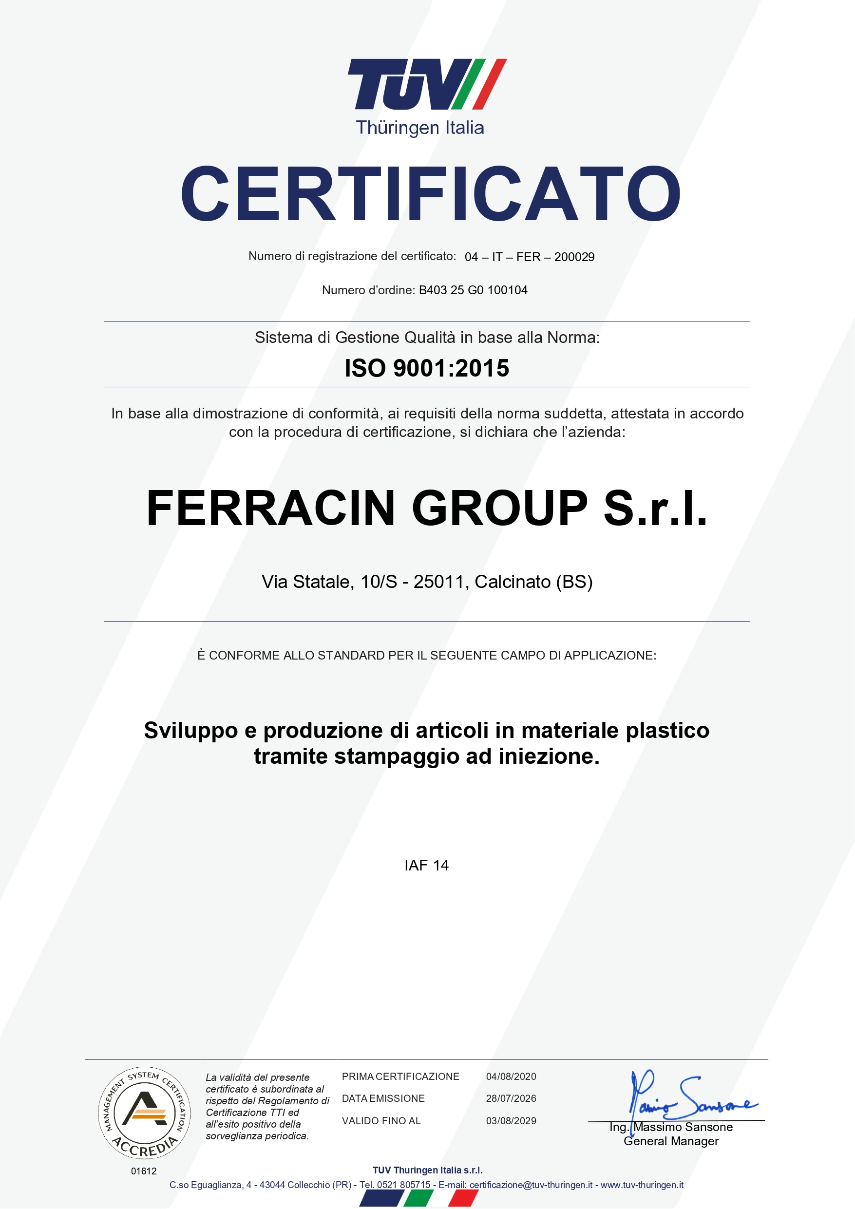certificazione iso 9001 Ferracin Group